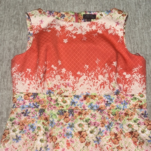 Sz 14 Tahari Arthur Levine Orange/Coral wildflowers sheath dress sleeveless - Picture 2 of 7